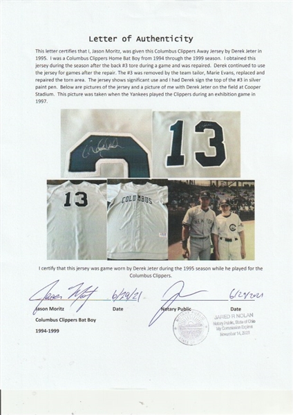 1994 Derek Jeter Signed Columbus Clippers Yankees Game Used Jersey