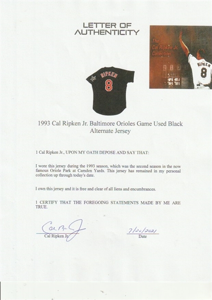 Cal Ripken Jr. 1993 Signed Game Used 1993 All Star Game Jersey & Pants JSA  COA
