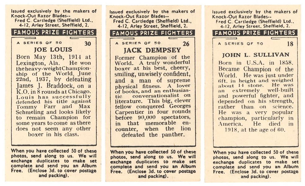 Lot Detail - 1938 Cartledge "Famous Prize Fighters" Complete Set (50) - Including Joe Louis, Jack Dempsey, and John L. Sullivan