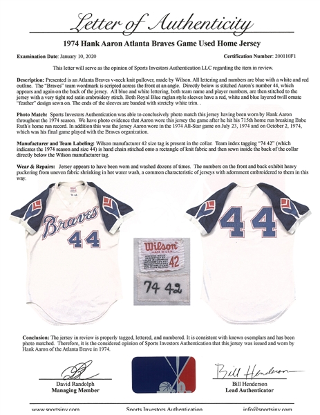 Lot Detail - 1974 Hank Aaron Home Run Record-Breaking Season - Game Used &  Photo Matched Atlanta Braves #44 Road Jersey (MEARS A10, Sports Investors &  Elite Sports)