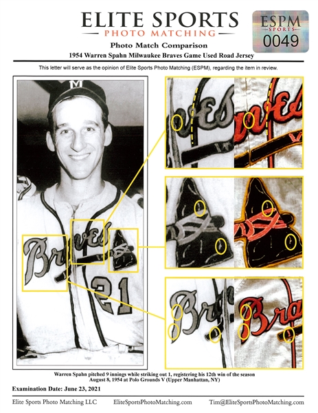 Lot Detail - 1954 Warren Spahn Game Used & Photo Matched Milwaukee Braves  #21 Road Jersey Matched To 8/8/54 - Complete Game & 12th Win Of The Season!  & 2 Ticket Stubs (