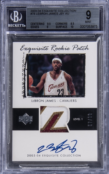 2003-04 UD "Exquisite Collection" Rookie Patch Autograph (RPA) #78 LeBron James Signed Patch Rookie Card (#57/99) – BGS MINT 9/BGS 10