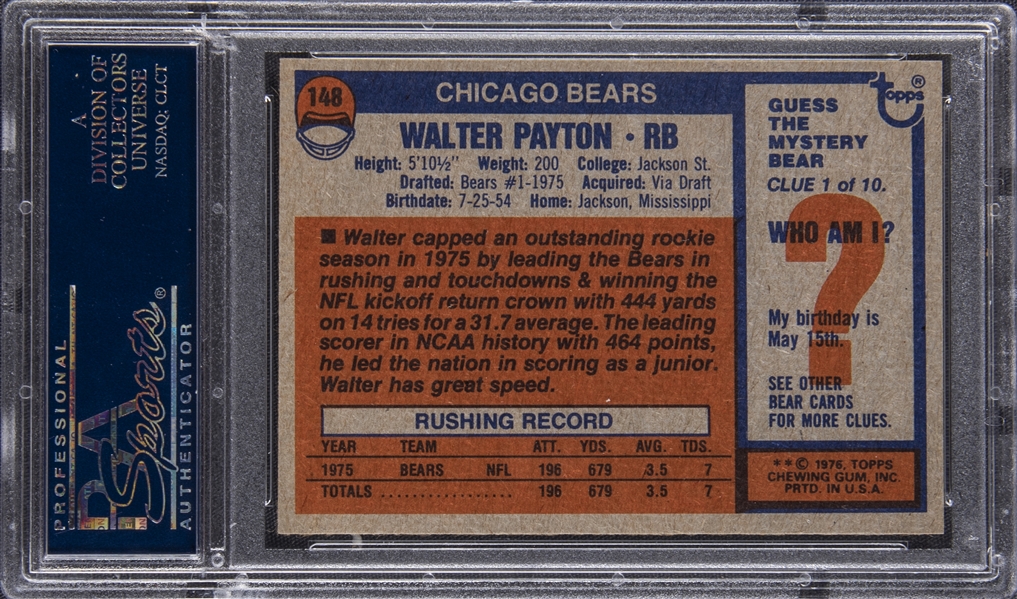 Lot Detail - 1976 Topps #148 Walter Payton Rookie Card – PSA GEM MT 10