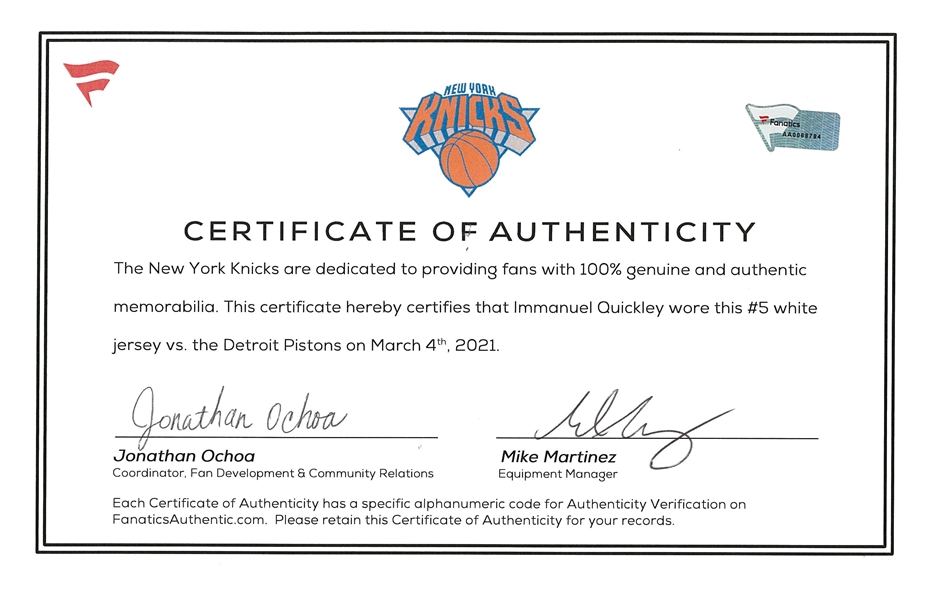 Immanuel Quickley New York Knicks Fanatics Authentic Game-Used #5