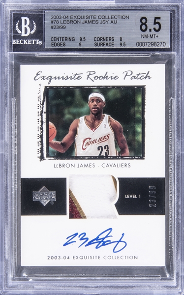 2003-04 UD "Exquisite Collection" Exquisite Rookie Patch Autograph (RPA) #78 LeBron James Signed Patch Rookie Card (#23/99) – LeBrons Jersey Number! – BGS NM-MT+ 8.5/BGS 10