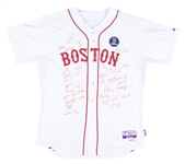 2013 Jonny Gomes Game Used & Team Signed Boston Red Sox Home Jersey With “BOSTON” On The Front & Boston Strong Patch Used On 4/20/2013 - With 33 Signatures Including David Ortiz! (Gomes LOA & JSA) 