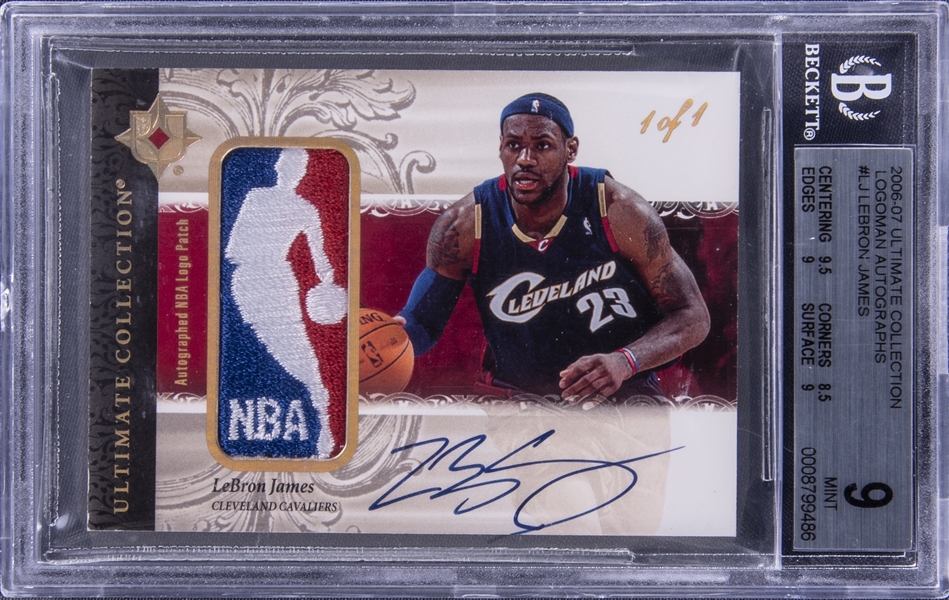 2006-07 UD "Ultimate Collection" Logoman Autographs #LJ LeBron James Signed Game Used Logoman Patch Card (#1/1) – BGS MINT 9/BGS 9