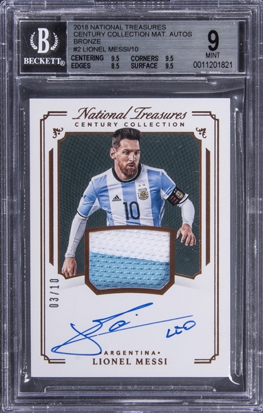 Lot Detail - 2018 Panini National Treasures Century Collection Material  Autographs Bronze #2 Lionel Messi Signed Jersey Card (#03/10) - BGS MINT  9/BGS 10