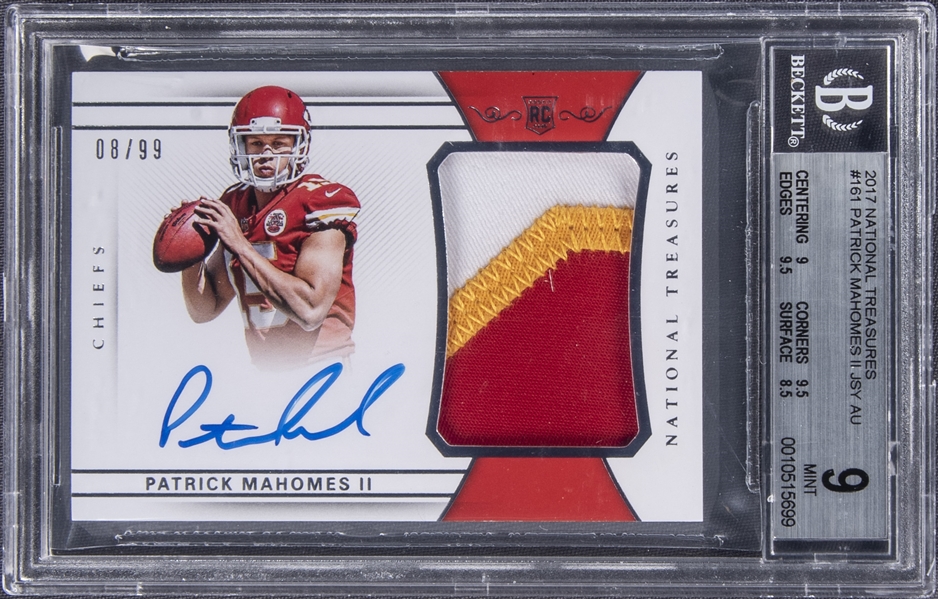 2017 National Treasures Rookie Patch Auto (RPA) #161 Patrick Mahomes II Signed Patch Rookie Card (#08/99) - BGS MINT 9/BGS 10