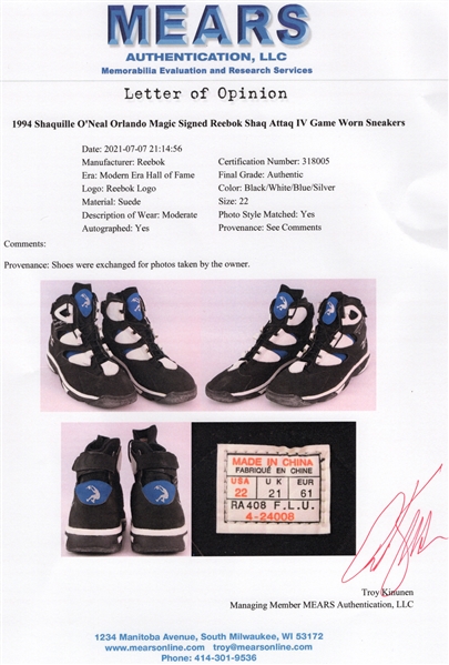 1993-94 Shaquille O'Neal Game-Used, Twice-Signed Reebok Shaq Attaq