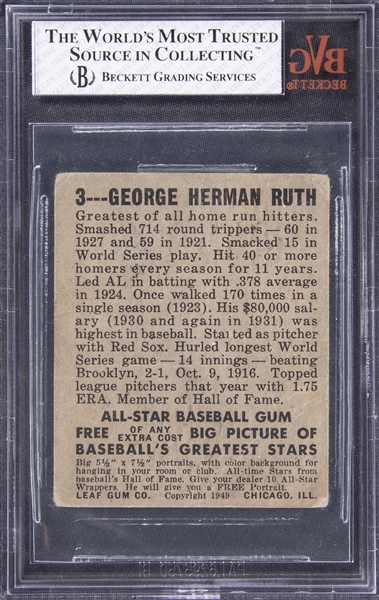 Graded Babe Ruth 1949 Leaf #3 Reprint Baseball card