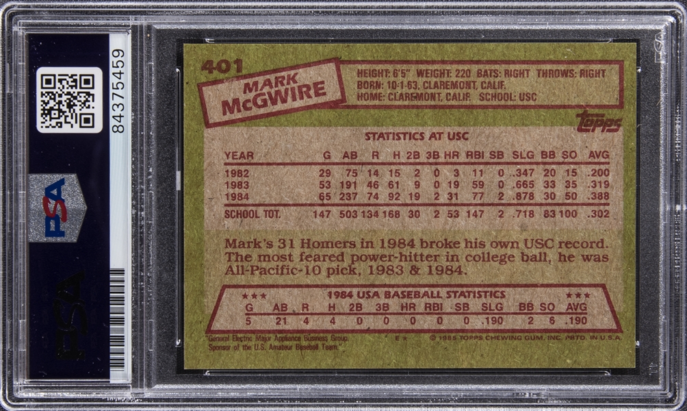 Mark Mcgwire Rookie Card 1985 Topps #401 PSA 9