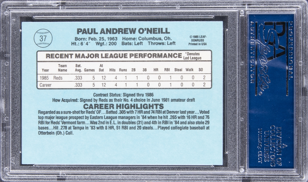 1986 Donruss #37 Paul O'Neill Rookie Card - PSA GEM MT 10 on