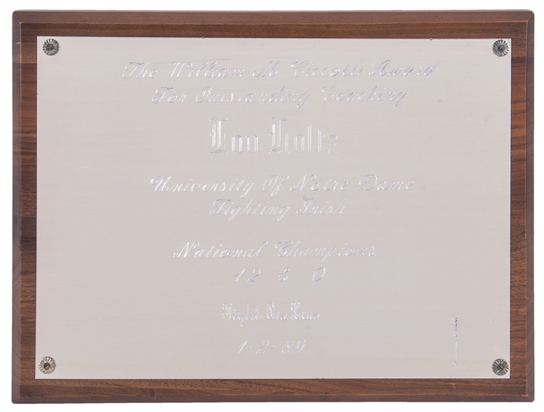 1989 The Williams M Ciccotti Award for Outstanding Coaching Presented to Lou Holtz (Holtz LOA) 