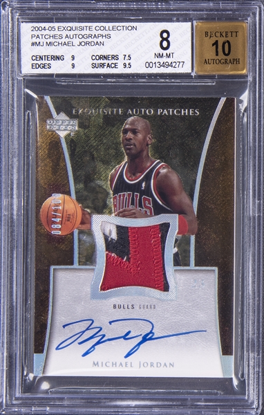 2004-05 UD "Exquisite Collection" Patches Autographs #MJ Michael Jordan Signed Game Used Patch Card (#084/100) – BGS NM-MT 8/BGS 10