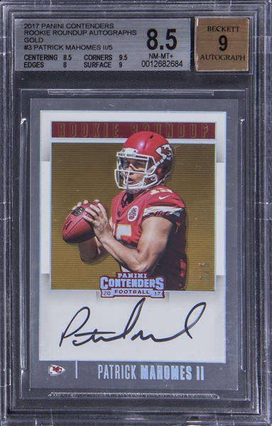 2017 Panini Contenders Gold "Rookie Roundup" #3 Patrick Mahomes II Signed Rookie Card (#3/5) - BGS NM-MT+ 8.5/BGS 9