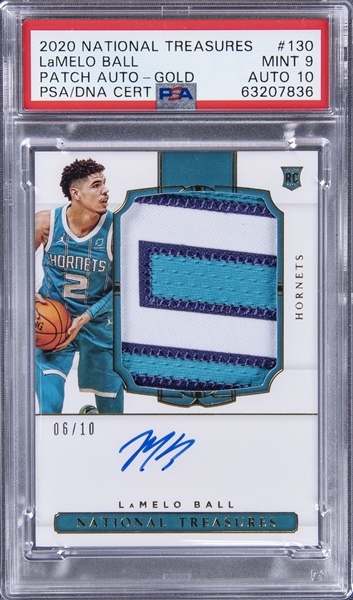 2020-21 Panini National Treasures Patch Autographs Gold #130 LaMelo Ball Signed Patch Rookie Card (#06/10) - PSA MINT 9, PSA/DNA 10