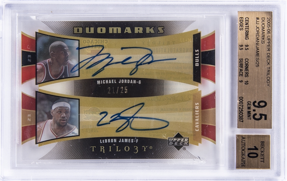 2005-06 Upper Deck Trilogy "Duomarks" #JJ Michael Jordan/LeBron James Dual Signed Card (#21/25) – BGS GEM MINT 9.5/BGS 10