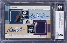 2002-03 UD SP Game Used "Autographed Authentic Patches Dual" #MJMGAP Michael Jordan/Magic Johnson Dual Signed Game Used Patch Card (#3/5) – BGS NM-MT 8/BGS 8