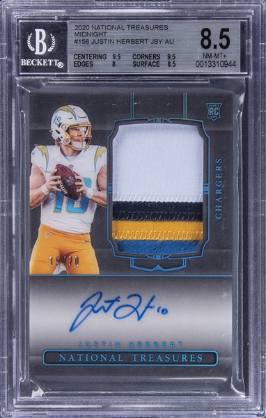 2020 Panini National Treasures "Midnight" #158 Justin Herbert Signed Patch Rookie Card (#15/20) - BGS NM-MT+ 8.5/BGS 10