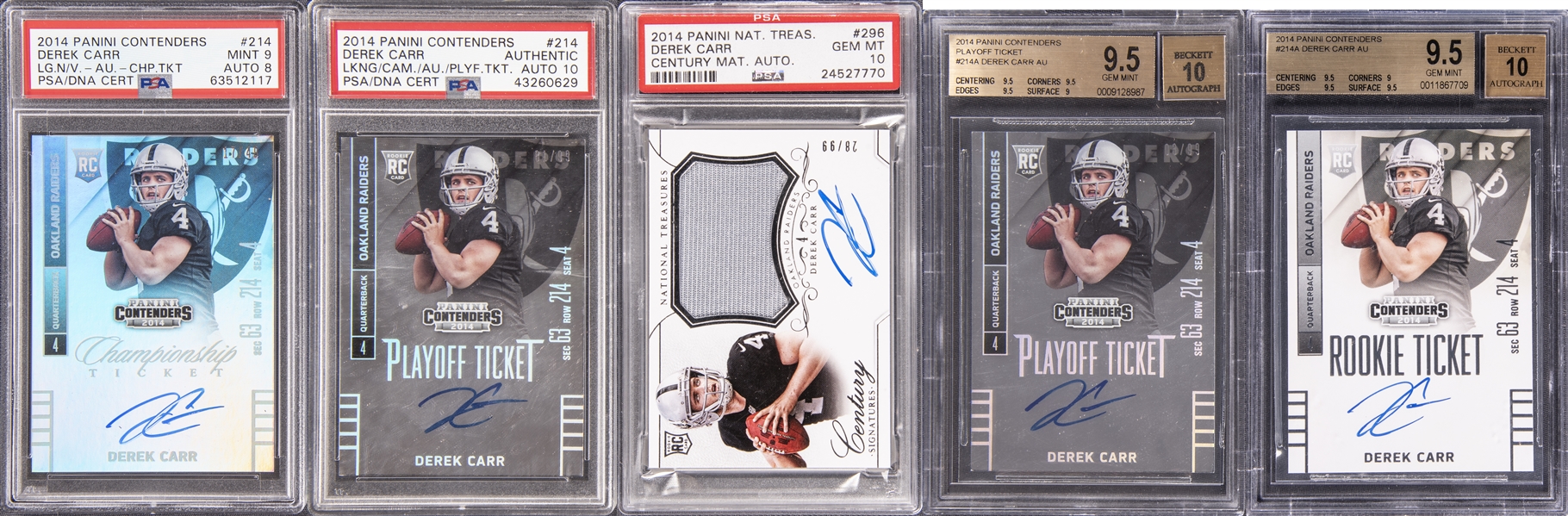 2014 Panini Derek Carr PSA/BGS-Graded Signed Rookie Cards Quintet (5) – Including Two GEM MINT Serial-Numbered Examples!