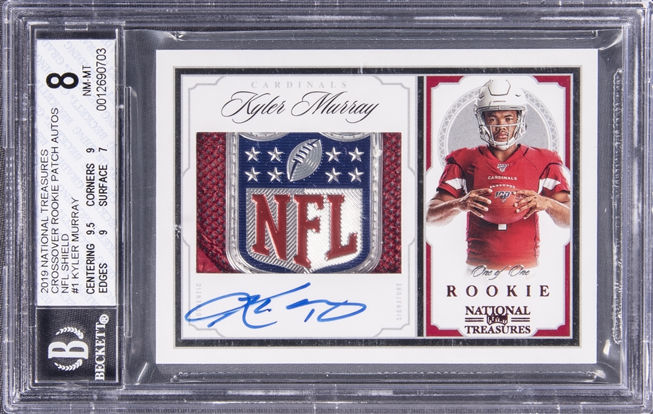 2019 Panini National Treasures Crossover Rookie Patch Autographs NFL Shield #1 Kyler Murray Signed Patch Rookie Card (#1/1) - BGS NM-MT 8/BGS 10