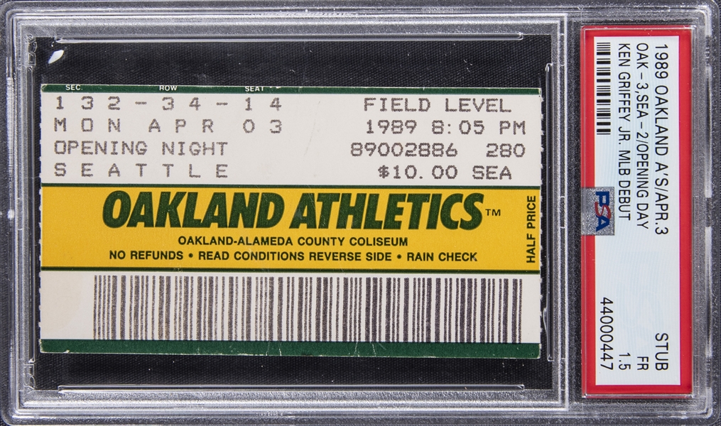 1989 Ken Griffey Jr.s MLB Debut From MLB Opening Night Seattle Mariners at Oakland As Ticket Stub (PSA FR 1.5)