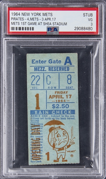 1964 New York Mets/Pittsburgh Pirates Ticket Stub From Mets’ First Game At Shea Stadium (PSA VG 3)