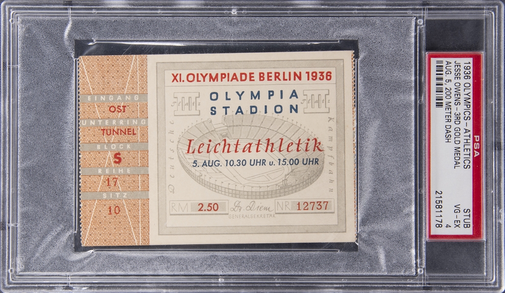 1936 Berlin Olympics Ticket Stub From August 5th Jesse Owens 200 Meter Dash Gold Medal - PSA VG-EX 4
