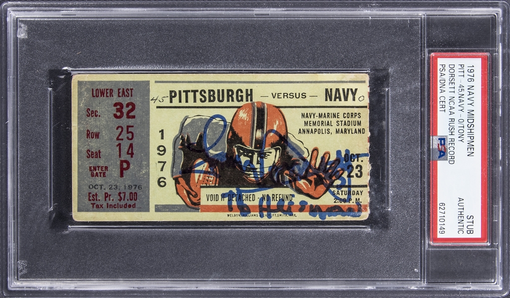 1976 Tony Dorsett Signed Navy Midshipmen/Pittsburgh Panthers Ticket Stub From Tony Dorsett Record Breaking Rushing TD Game - PSA Authentic, PSA/DNA Authentic