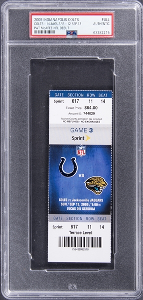 2009 Indianapolis Colts/Jacksonville Jaguars Full Ticket From Pat McAfees NFL Debut - PSA Authentic