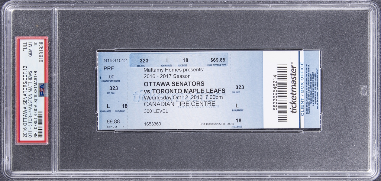 2016 Ottawa Senators/Toronto Maple Leafs Full Ticket From Auston Matthews NHL Debut - PSA GEM MT 10