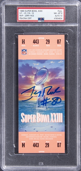 1989 Jerry Rice Signed Super Bowl XXIII Full Ticket From Rices MVP Performance - PSA NM-MT 8, PSA/DNA 10