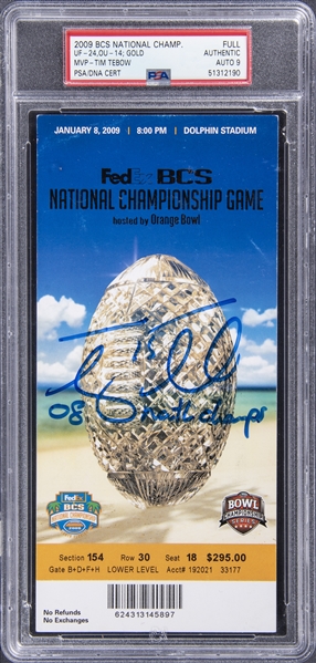 2009 Tim Tebow Signed Florida Gators/Oklahoma Sooners BCS National Championship Game Full Ticket From Tebows MVP Performance - PSA Authentic, PSA/DNA 9
