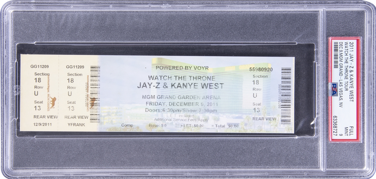 2011 Jay-Z & Kanye West Full Ticket From Watch The Throne Tour On 12/9/11 - PSA MINT 9