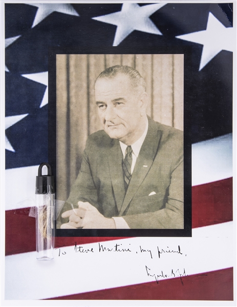 President Lyndon B. Johnson Authentic Lock of Hair Display With Facsimile Signature (White House Barber Family Provenance)