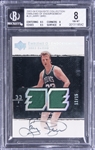 2003-04 UD "Exquisite Collection" Emblems of Endorsement #LB Larry Bird Signed Game Used Patch Card (#12/15) - BGS NM-MT 8/BGS 8