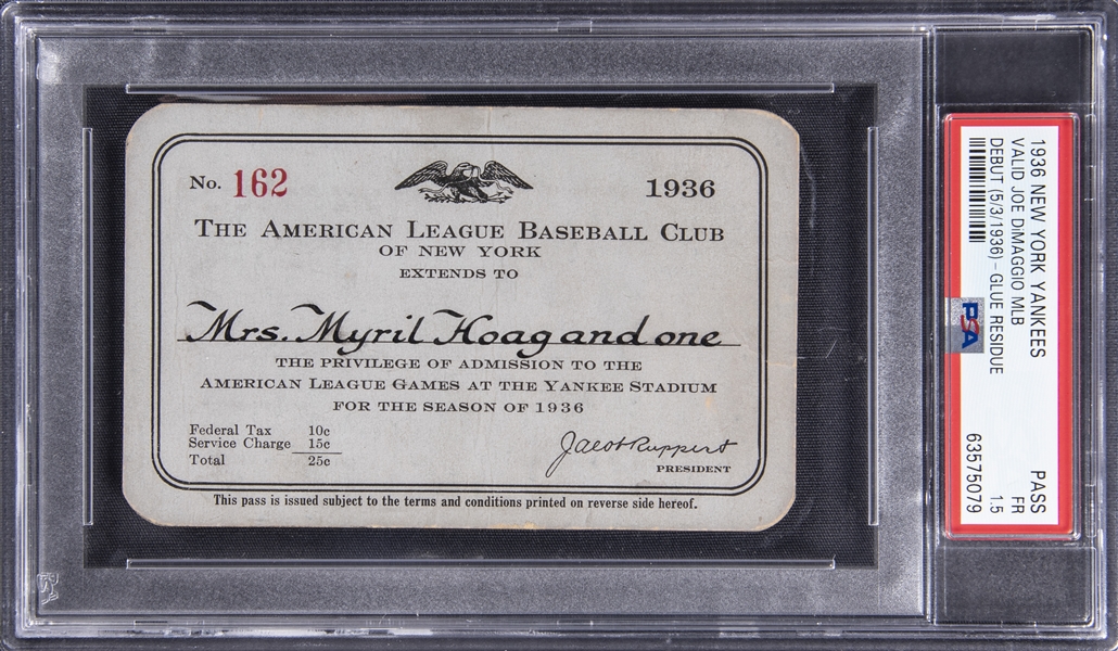 1936 New York Yankees Season Pass from Joe DiMaggios MLB Debut 5/3/1936 - PSA FR 1.5
