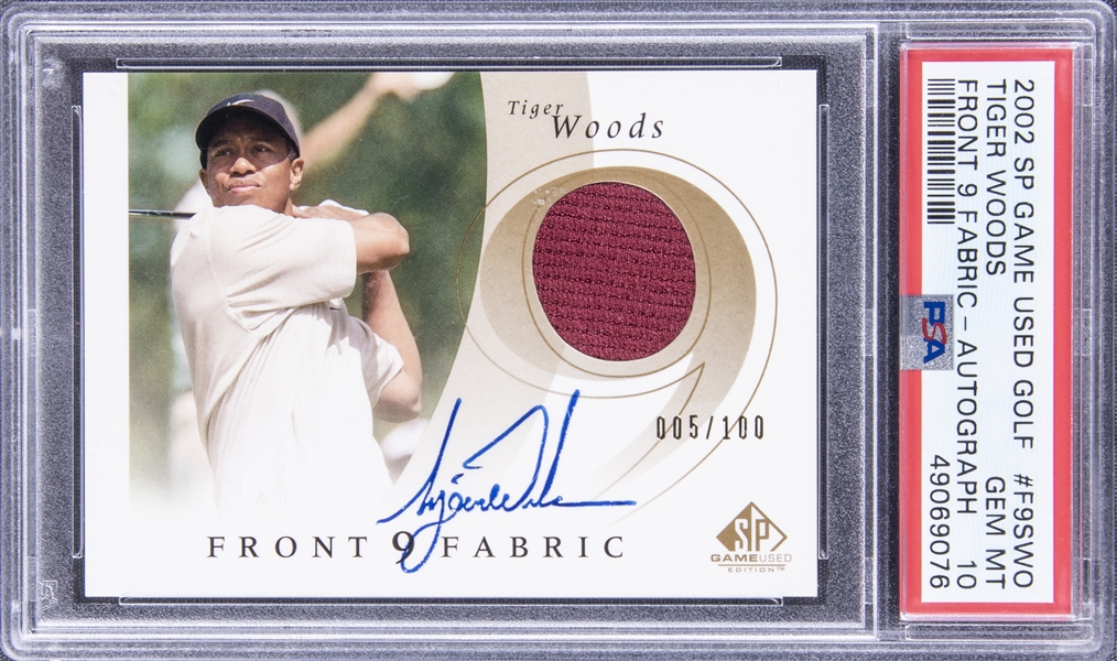 2002 SP Game Used Gold Front 9 Fabric Autograph #F9SWO Tiger Woods Signed Jersey Card (#005/100) - PSA GEM MT 10
