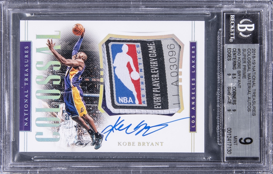 2018-19 Panini National Treasures Super Prime Colossal Materials Autographs #50 Kobe Bryant Signed Patch Card (#1/1) - BGS MINT 9/BGS 10