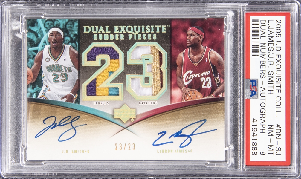 2005-06 UD "Exquisite Collection" Dual Number Pieces Autographs #DN-SJ LeBron James/J.R. Smith Dual Signed Game Used Patch Card (#23/23) – LeBrons Jersey Number! – PSA NM-MT 8