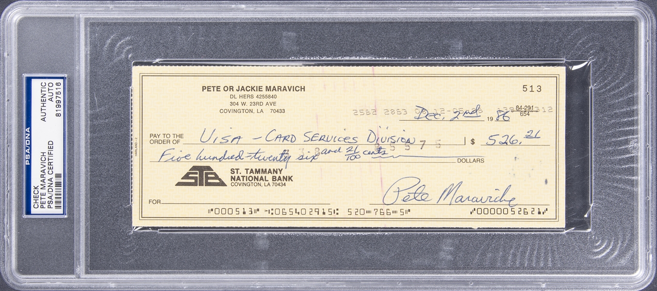 Pete Maravich Signed Check - PSA/DNA Authentic