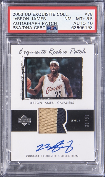 2003-04 UD "Exquisite Collection" Rookie Patch Autograph (RPA) #78 LeBron James Signed Patch Rookie Card (#30/99) – PSA NM-MT+ 8.5, PSA/DNA 10 – LeBrons First "Exquisite Collection" Rookie Card!