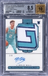 2020-21 Panini National Treasures Rookie Patch Autographs Purple FOTL #130 LaMelo Ball Signed Patch Rookie Card (#2/8) - BGS NM-MT+ 8.5/BGS 10 - LaMelos Jersey Number!