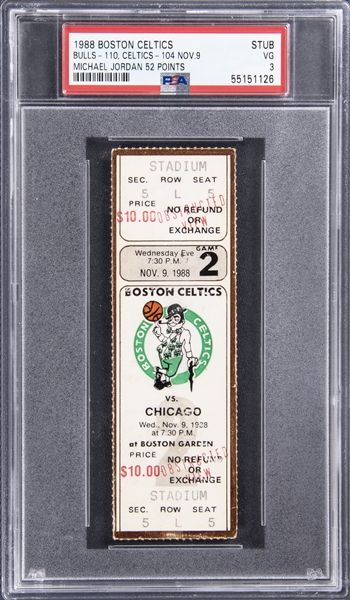 1988 Boston Celtics/Chicago Bulls Ticket Stub From Michael Jordans 52 Point Performance - PSA VG 3